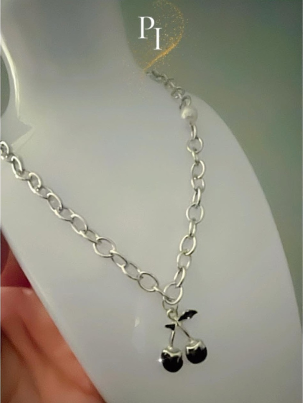 Silver Cherry Charm Chain Necklace - Silver